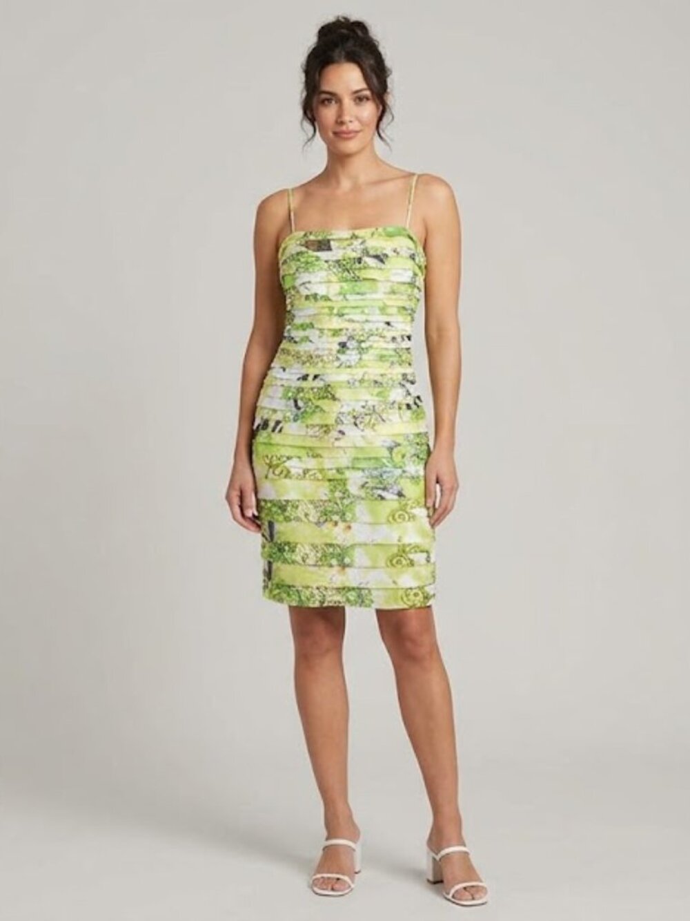 JS Collections Floral Tiered Bodycon Dress Size 10 Green Ruffle Mini Party